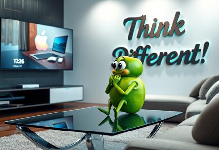 In a sleek, modern living room, an anthropomorphic green apple with expressive features—arms, legs, and a curious face—sits comfortably on a stylish, futuristic glass and chrome coffee table. The green apple has large, thoughtful eyes, with a small smile, as it intently watches a large wall-mounted TV. On the screen, an Apple computer commercial plays, featuring sleek products and bright, vivid colors in Apple’s signature minimalist style. The apple seems engrossed, almost as if reflecting on the innovation showcased.
The apple’s hands rest on its chin as if deep in thought, and one leg dangles off the edge of the table, creating a relaxed, yet intrigued posture. Behind the apple, a giant, meticulously designed cardboard sign with “Think Different!” written in bold, artistic typography hangs prominently on the wall. The sign is highly detailed with intricate, laser-cut designs and elegant curves, blending luxury with creativity. Its colors shift in subtle gradients, and it features metallic accents that catch the light from the TV’s glow.
The room itself is a mix of modern and tech-inspired decor—smooth concrete walls, ambient LED lighting, a soft leather sofa, and minimalistic furniture pieces, all bathed in the soft glow of the commercial. The apple’s glossy green skin reflects the light, and its form is seamlessly integrated into the futuristic, tech-savvy environment, as if personifying the fusion of nature and innovation.