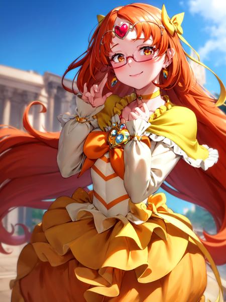 masterpiece, best quality, looking_at_viewer, depth_of_field, cowboy shot, 
1girl, <lora:locon_cure_muse_01_release:0.9>, cure muse, orange hair, hair ribbon, yellow choker, jewelry, brooch, capelet, tiara, glasses, hands on own cheeks, blush, closed mouth, 
smile, standing, gradient_background,