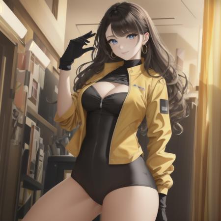 (masterpiece, best quality, ultra-detailed, highres), perfect face, sidelighting, lustrous skin,(bloom), (shine), lighting, ray tracing,1girl, solo, cover, jacket,green jacket, gloves, green eyes, white hair, headband, bodysuit, yellow gloves, yellow bodysuit,smile, breasts, jewelry,  brown hair, medium breasts, multicolored hair, earrings, black headband, clenched hand, clenched hands,  looking up, multicolored clothes, hair behind ear, long hair, boots,green bodysuit, looking at viewer, two-tone hair, open jacket, open clothes, yellow jacket, arm up, multicolored bodysuit, full body, depth_of_field, very detailed background, highly detailed background, Masterpiece, Ultra detailed, great composition,Dynamic angle,[Bottle bottom],(wide shot), extremely delicate and beautiful,(Highest picture quality), (Master's work), depth of field, solo, extreme light and shadow, masterpiece, rich in detail, (fine features), (highest quality), (masterpiece), (detailed eyes), (beautiful) detailed,beautiful detailed eyes,(straight-on), full body, (extremely detailed CG unity 8k wallpaper),(masterpiece), (best quality), (ultra-detailed), (best illustration),(best shadow),perfect lighting , perfect anatomy , vivid colors, rim lighting, neon cinematic lighting,