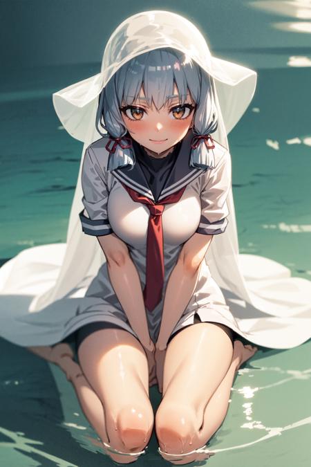 <lora:murakumo:1>, 1girl, murakumo (kancolle), long hair, solo, dress, sailor dress, orange eyes, sitting, barefoot, smile, veil, grey hair, red necktie, water, yokozuwari, ribbon, hair ribbon, sailor collar, bangs, sidelocks, wet, closed mouth, white dress, tress ribbon, blue sailor collar, necktie, looking at viewer, partially submerged, neckerchief, blush