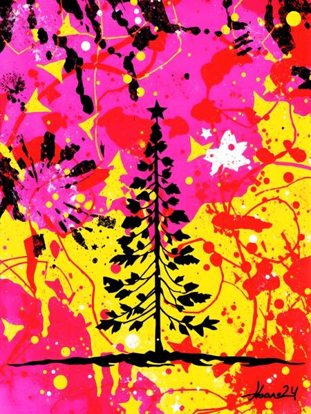 xmas_style_2K24,
Against a vibrant neon christmas background in the style of Jackson Pollock there is a silhouette ink drawing of a lone CHristmas tree