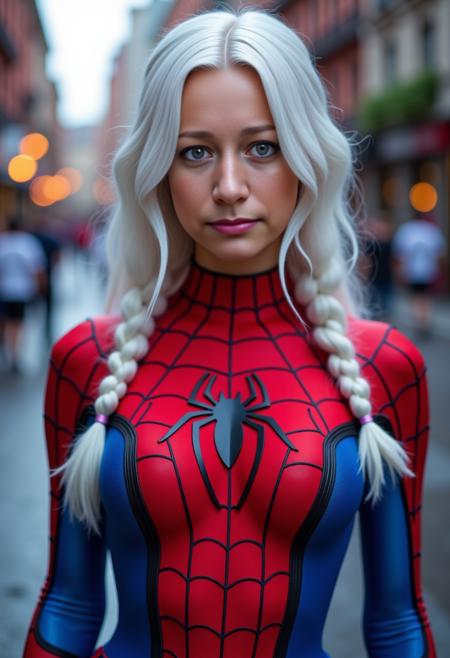 Lizalove, beautiful woman. Masterpiece. Long white Malvinka hair with plaits and plaits from the central strands, realistic charming blue eyes. She cosplaying as spiderman. Her outfit consists of a skin-tight red and blue suit, with a bold black spider web pattern that covers the entire suit. The chest features a large black spider emblem, and there's a smaller version of the same spider symbol on the back. The suit is designed for agility, fitting closely to her body to allow for easy movement while swinging through the city. The design is sleek and functional, reflecting her acrobatic skills and her superhero persona. 8K HD, DSLR camera, high quality, detailed texture skin, high body detail, realistic, soft focus, insanely detailed, highest quality, high resolution photography, realistic photo, ultra detailed, hyperrealism.
