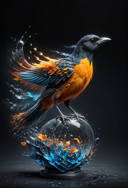 A bird, baltimore oriole,
amazingly fluid, 
detailed, 
3d fractals, 
light particles, 
water drops, 
shimmering light, 
dreamy, 
surreal, 
alcohol ink, 
smooth, 
shimmering, 
dreamy glow, 
16k, 
intricate artwork masterpiece, 
ominous, 
matte painting movie poster,  
trending on cgsociety, 
intricate, 
epic, 
trending on artstation, 
highly detailed, 
vibrant, 
production cinematic character render, 
ultra high quality model