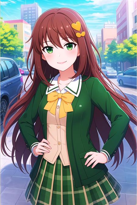 misakiBGHS brown hair, hair between eyes, straight hair, very long hair, green eyes red scarf, black coat, open coat, serafuku, white shirt, blue sailor collar, red neckerchief, long sleeves, blue skirt, pleated skirt, school uniform