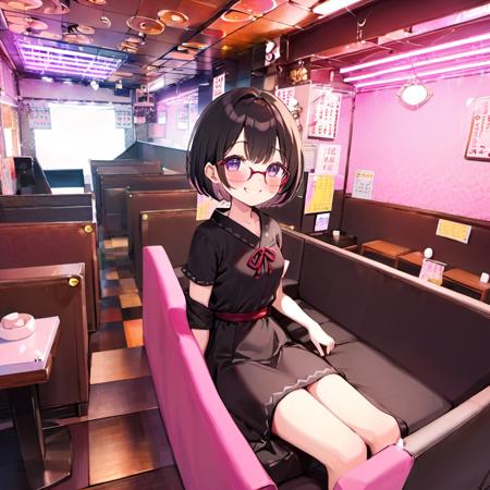 best quality, ultra-detailed, illustration,
pink theme, pinsalo, scenery, couch, indoors,
1girl, japanese girl,  cute, (shy smile), glasses, black dress, short hair, black hair, looking at viewer, 
<lora:pinsalo_SDXL_V1:1>