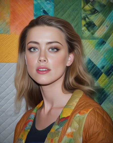 AmberHeard, portrait,close up of a Inventive stocky Girl, Quilting, near Jungle, at Overcast, Surprising, F/5, art by Rebecca Sugar,  <lora:AmberHeardSDXL:1>