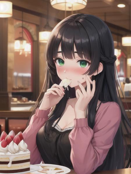 best quality, masterpiece, highres, detailed, perfect anatomy,  <lora:Detail - add_detail:0.2>, black hair, medium breasts, pink blouse, cake, eating cake, cream on cheek, blush, restaurant, green eyes, long hair,  lora:Character - SatsukiV12:0.8>, blunt bangs,