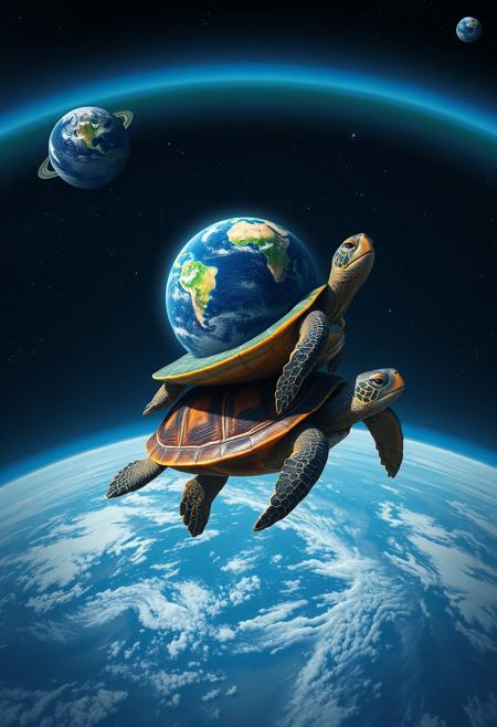 a turtle with the world on its shell riding on top of another turtle which is riding on the back of another turtle floating in space