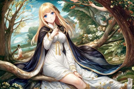 in forest; solo, waifu with blonde hair, blue eyes, white dress and black cape, sitting on tree branch; exceptional, best aesthetic, new, newest, anime, masterpiece, best quality, ultra detailed; correct anatomy, golden ratio, perspective; painting by John William Waterhouse