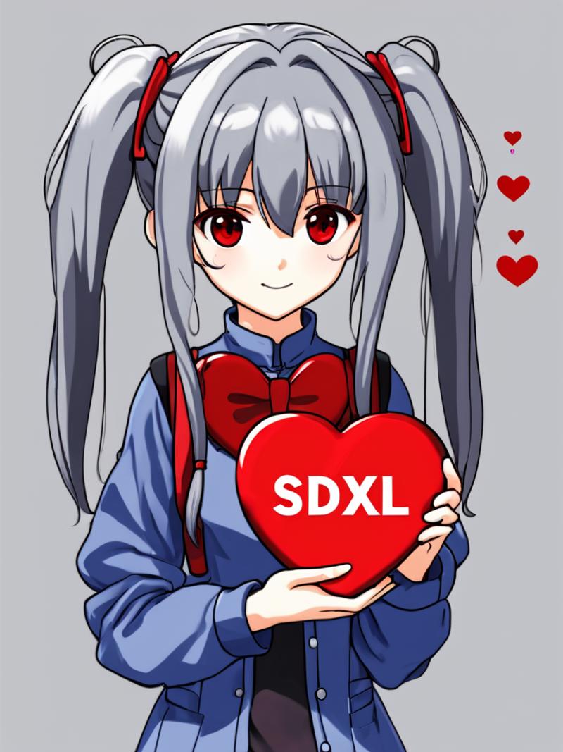 A young girl holding a heart with the word "SDXL" on it.