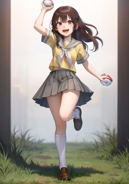 <lora:LassBW:0.7> LassBW, 1girl, solo, smile, open mouth, skirt, shirt, white background, holding, school uniform, standing, full body, braid, short sleeves, pleated skirt, shoes, serafuku, socks, neckerchief, kneehighs, brown footwear, leg up, standing on one leg, grass, white socks, loafers, empty eyes, poke ball, poke ball (basic), holding poke ball