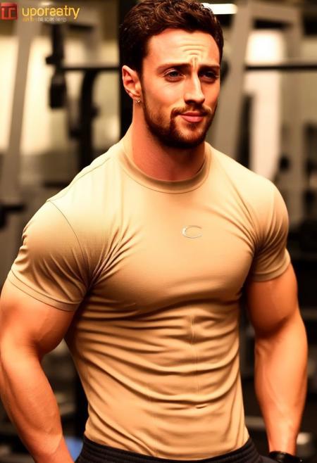 4k, aaron taylor-johnson a man <lora:Aaron-Taylor-Johnson:1> in the gym, sweaty, muscular, abs, pecs, slight smile, back to camera, flexing, guys in the background admiring him.