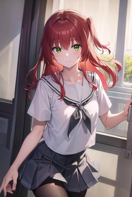 kitaikuyo, <lora:ikuyokita-lora-nochekaiser:1>, 
ikuyo kita, (green eyes:1.5), hair between eyes, long hair, one side up, red hair, (flat chest:1.2), smile,
BREAK black footwear, black skirt, grey sailor collar, pleated skirt, sailor collar, school uniform, shoes, short sleeves, shuka high school uniform, skirt,,
BREAK indoors, classroom,
BREAK looking at viewer, (cowboy shot:1.5),
BREAK <lyco:GoodHands-beta2:1>, (masterpiece:1.2), best quality, high resolution, unity 8k wallpaper, (illustration:0.8), (beautiful detailed eyes:1.6), extremely detailed face, perfect lighting, extremely detailed CG, (perfect hands, perfect anatomy),