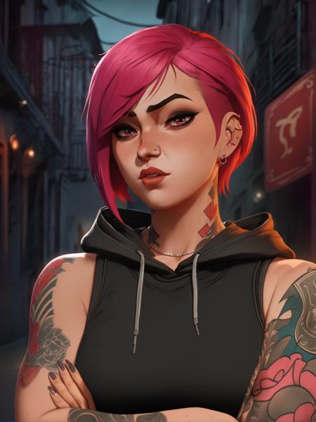 arcane style, 1girl, hoodie, arm tattoo, portrait, asymmetrical bangs, bandaid, short hair, bangs, breasts, freckles, grey eyes, large breasts, looking at viewer, neck tattoo, nose piercing, pink hair, scar, scar on face, solo, tattoo on face, upper body, detailed background, town, alley, dark alley, portrait, hood on head, night, angry, close up, closed mouth, , ((masterpiece)), absurdres 