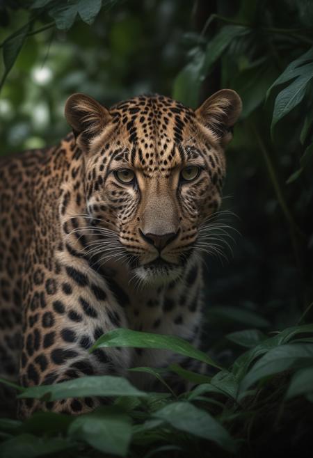 A leopard hiding in the jungle, a photo-realistic portrait, captured with a Canon EOS R5 camera and a macro lens for detailed wildlife portraits. The high-resolution, HDR image has a National Geographic-style aesthetic