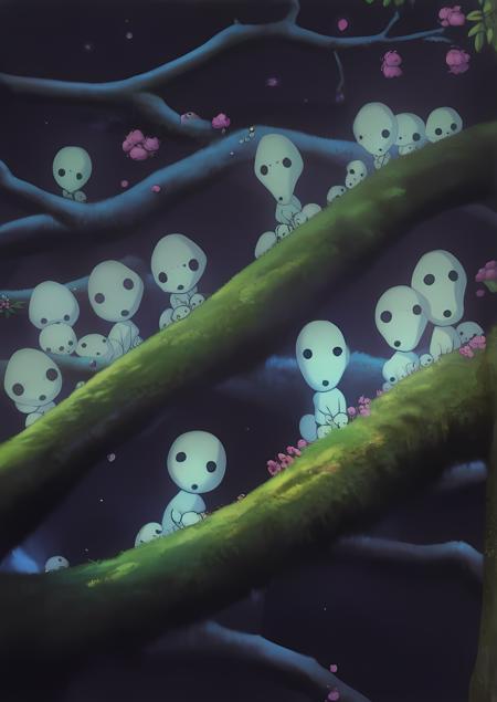 k0D4mA 1kodama 4kodama spirit, ghost, large head, black eyes, 3 dots, no nose, small body, white body, transparent body, volumetric glow, cartoon alien, standing, forest background