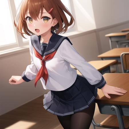 (masterpiece, best quality:1.2),illustration,8k,hd,1girl,solo,upper body,(portrait:1.2),brown_hair,short_hair,hairclip,hair_ornament,brown_eyes,serafuku,school_uniform,red_neckerchief,pleated_skirt,long_sleeves,black_pantyhose,<lora:Ikazuchi>,