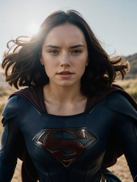 daisyrdl,a woman,(front view:1),medium length hair,looking at viewer,wearing supergirl costume,sunny,(flying in the blue sky:1),serious,extremely detailed,intricated,masterpiece,cinematic,(film grain:1.2),bokeh,volumetric lighting,motion blur, (rim light:1.2), <lora:daisyrdl-4:1> <lora:add_detail:1> add_detail:2,