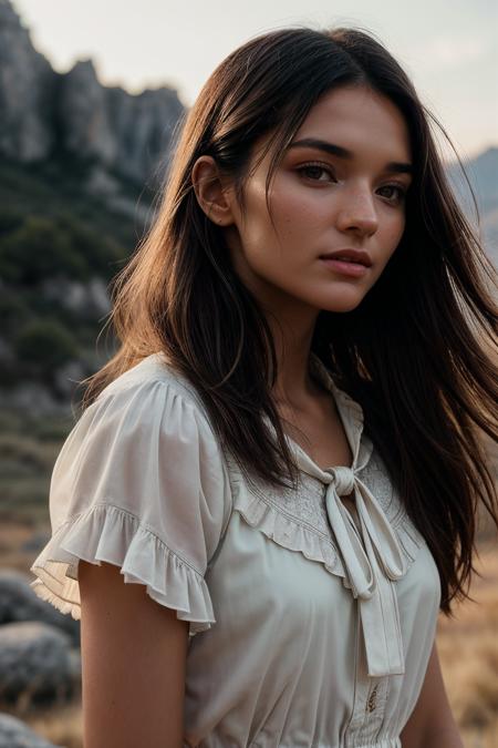 perfect cinematic shoot of a beautiful woman (EP4n3l14M00r:.99), a woman standing at a ancient ruins, perfect hair, wearing sexy Periwinkle (Ruffle-trimmed peasant blouse with a tassel-tie neckline and elastic cuffs), (meteor showers in background:1.2), (detailed background:1.1), (face focus), modelshoot style, (extremely detailed CG unity 8k wallpaper), professional majestic (photography by Roberto Ferri:1.1), 24mm, exposure blend, hdr, extremely intricate, High (Detail:1.1), dramatic, soft cinematic light, (looking at viewer), (detailed pupils),8k, highly detailed, rich environment, 4k textures, soft cinematic light, elegant, ((((cinematic look)))), soothing tones, insane details, hyperdetailed, ("Descifra el arte del juego con JernauGurgeh!":1.1),(epiCPhoto)