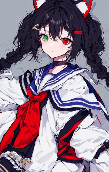 1girl, animal_ears, bangs, black_collar, black_hair, braid, choker, closed_mouth, collar, dog_ears, dress, earrings, expressionless, gradient, gradient_background, grey_background, hair_ornament, hairclip, heterochromia, inui_toko, jacket, long_hair, long_sleeves, looking_at_viewer, off_shoulder, red_eyes, sailor_collar, shirt, simple_background, single_braid, skirt, solo, twin_braids, twintails, upper_body, virtual_youtuber, yellow_eyes <lora:style_mochikei:1>