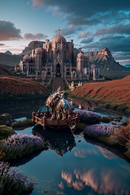 cinematic photo,  <lora:quiron_LegendaryLandscapes_v1_Lora:0.87>, landscapesquiron,  LegLandscapesQuiron, legendary landscapes by quiron,  surreal, particles, chromatic aberration, impressive, stunning,  . 35mm photograph, 4k, 8k, HDR, UHD, best quality, Raw Photo, film, professional, 4k, highly detailed, glowing,  shiny,  scenery, landscape, nature,  fantasy, kingdom, palace, intricate artwork masterpiece, purple
