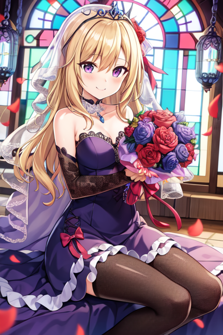 bridal, stained glass, smile, fishnets, hair down, ribbon, holding bouquet, purple eyes, tiara, blonde hair, sitting