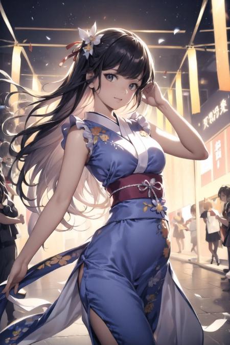 vibrant colors, female, masterpiece, sharp focus, 
best quality, depth of field, cinematic lighting, ((solo, one man )), 
(illustration, 8k CG, extremely detailed), masterpiece, 
ultra-detailed, in a burst of energy and radiance, 
a cute girl with her vibrant presence. 
The detailed illustration captures japanese festival, 
exuding both grace and enthusiasm,
dressed in beautifull and sexy dress, 
she moves with precision and elegance. 
The backdrop echoes the energy of a spirited crowd on japanese festival,  
Her captivating presence shines through,  
the illustration paints a dazzling portrait of a beautiful girl in motion,  
creating a movie scene, 
cute female, black gradient with brown hair, long hair, grey eye, more different color costume, Sara