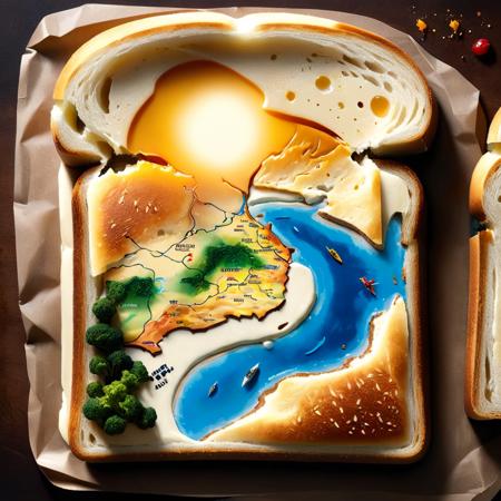 concept art (Digital Artwork:1.3) of (Ultrarealistic:1.3) <lora:DalE-3-FFusion-LoRA-ViT-FA:1> arafed sandwich with a map of the world on it, amazing food illustration, food art, toast, creative photo manipulation, amazing photorealistic graphics, very detailed illustration, bread, battle toast, incredibly intricate, creative photoshop, made of food, incredibly detailed art, food advertisement, cartography map art, fantasy food, super realistic food picture, hi-res photo,CGSociety,ArtStation . digital artwork, illustrative, painterly, matte painting, highly detailed