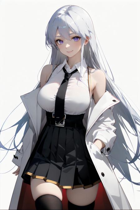 -Chocolate, 1girl, enterprise \(azur lane\), purple eyes, solo, long hair, necktie, skirt, coat, white hair, shirt, breasts, black coat, thighhighs, large breasts, sleeveless shirt, sleeveless, looking at viewer, black necktie, open coat, white background, smile, bare shoulders, pleated skirt, simple background, open clothes, belt, collared shirt, black skirt, white shirt, miniskirt, underbust<lora:Chocolate-000018:0.9>,