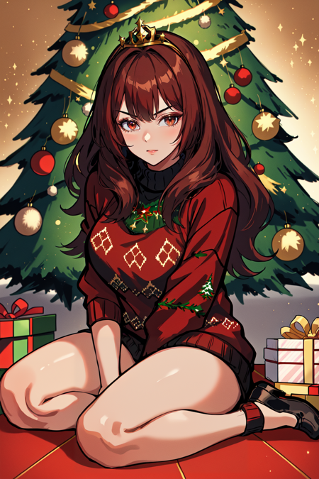 <lora:HolidayIdidalittlebit:0.8> a young woman wearing an ugly sweater and sitting on a floor near christmas trees, in the style of light red and dark brown, romantic motifs, ferrania p30, princesscore, bold colors, strong lines, feminine body, milleniwave