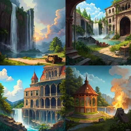 old painting style, colorful, highly detailed, high resolution, ray tracing reflections, dramatic lighting, 8k vibrant colors, detailed acrylic, intricate complexity, soft natural volumetric cinematic perfect light, oil painting, star \(sky\), landscape, empty, a larger plants, waterfall, claping,small fire, ruin, smoking,warship,a large gunfire,bodies and skull, a lot of widelife,abandoned overgrown castle mansion in a forest, oversaturated, princess tower, gazebo, balcony,