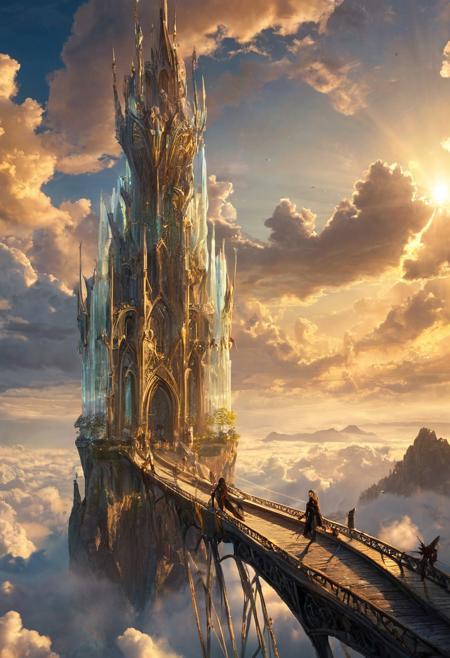 a wide aerial view of a floating elven city in the sky,with two elven figures walking side by side across a glowing skybridge,the bridge arching between tall crystal towers,surrounded by clouds and golden light,majestic and serene atmosphere,vivid style,magical fantasy architecture,