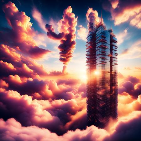 (cloudtowers style:1) a very tall building in the middle of some clouds <lora:djzCloudTowersV21:1>