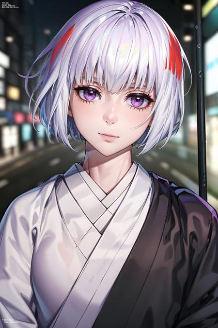 Uraume red hair, multicolored hair,bob cut,short hair, bangs, purple eyes, white hair hakama, tabi,japanese clothes, kimono, sandals,