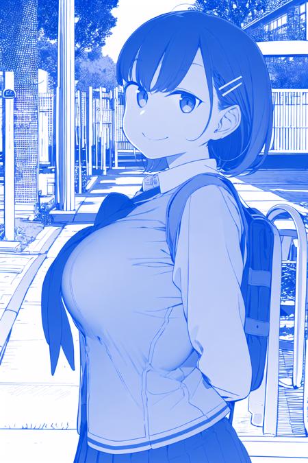 masterpiece, best quality, 1girl, (((breast focus))), ((pretty eyes)), gloves, hair ornament, school uniform, looking at viewer, solo, breasts, from side, school uniform, hands arms behind back, school bag, evil smile, 
<lora:himurakisekiV2:1>, (((monochrome))), blue lines, breasts, lineart,