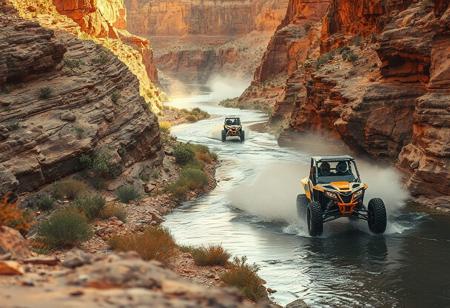 A high quality photo taken on the bottom of a beautiful canyon. a winding river runs in the center and sparse vegetation grow on the cliff wall sides. dust in the air, beautiful, artistic, serene, detailed, slightly cluttered environment. 
Two dune buggies are racing each other in the river, kicking up water and smoke behind them. action. intense.
focus on the first buggy. the drivers are wearing motorbike helmets.
High detail, 4k, super realistic, real photo, golden hour, shot on Canon, camera, orange dreamy lighting, vibrant colors, zoomed out, god rays