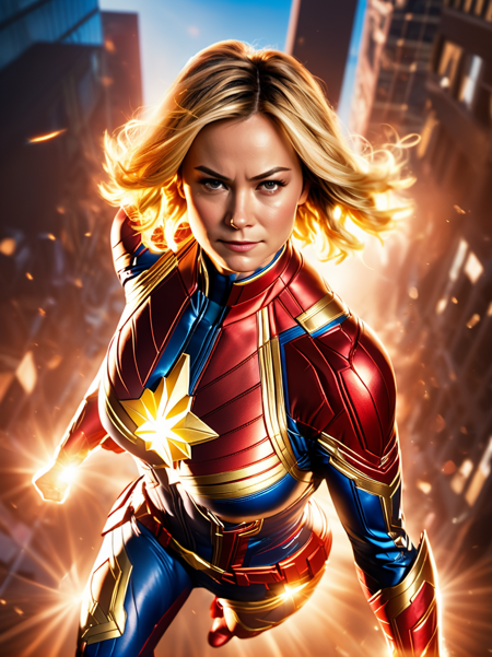 photographic, realistic, realism, cinematic photo, 
Captain Marvel (Marvel Comics): Captain Marvel's red, blue, and gold suit, glowing emblem, and superhuman powers make her a powerful and inspiring character for cosplayers.,
35mm photograph, film, bokeh, award-winning, professional, highly detailed, 4k, highly detailed