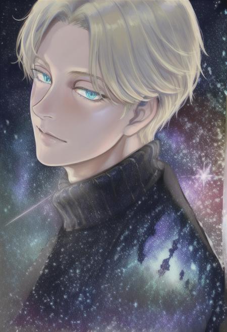 1boy,blue eyes,portrait, blonde hair, blue eyes, short hair, black turtleneck,a digital painting of a man with blue eyes and a tie on his neck and a black background with stars, star_\(sky\), starry_sky, space, night_sky, galaxy, starry_sky_print, night, aurora, milky_way, light_particles, shooting_star, constellation, planet, earth_\(planet\), snowing, sky, solo, fireworks, city_lights, snow, starry_background, astronaut, 1boy, blue_eyes