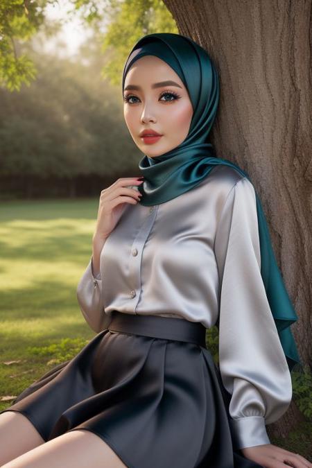(3DMM:0.5), ((Masterpiece, best quality)), photography, detailed skin, realistic, photo-realistic, 8k, highly detailed, [full length frame, Front view], High detail RAW color art, diffused soft lighting, shallow depth of field, sharp focus, hyperrealism, cinematic lighting, art by chunie, shiny satin, silk, hijab, a Turkish lady, beautifully makeup, eyeshadow, anime art, brown eyes, beautiful big eyes, long eye lashes, wearing (Teal satin hijab), loosely tide hijab style, ((gray satin shirt and satin long skirt)), sitting under tree, garden