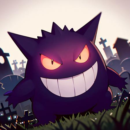 centered, award winning photo, (looking at viewer:1.2), | evil grin, Gengar_Pokemon,  no humans, pokemon \(creature\), smile,, | graveyard, dark theme,  | bokeh, depth of field, cinematic composition, | <lora:Gengar_Pokemon_AnyLora:0.7>