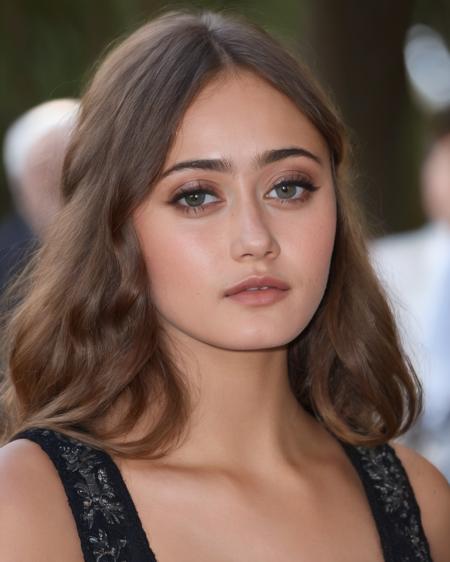 ella_purnell, <lora:EllaPurnellXL:1>,woman, solo, long hair, looking at viewer, dress, bare shoulders, closed mouth, upper body, outdoors, sleeveless, vest, black dress, tree, blurry background, realistic, ((perfect eyes, detailed eyes,realistic eyes)), ((sharp face, detailed face, realistic face, naturtal skin, realistic skin, detailed skin, pores))