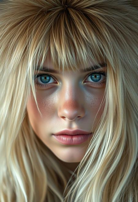 portrait of a 21 year old nordic girl with blond wig, stunning bright eyes and clear pupils