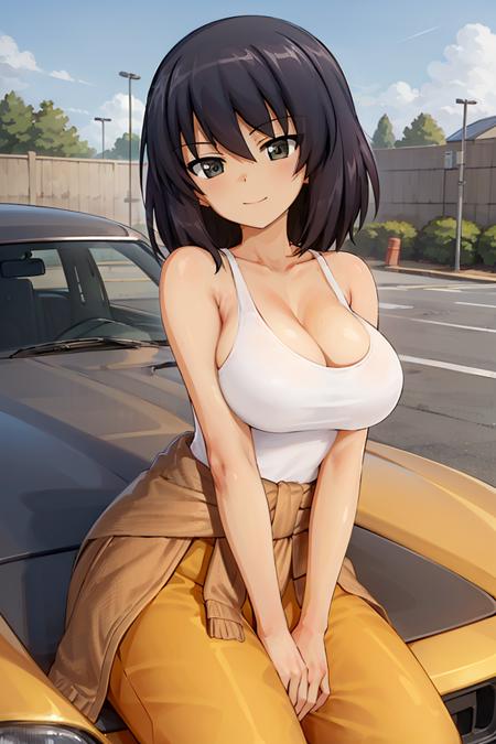 masterpiece, best quality, 1girl, solo, girls und panzer, hoshino, large breasts, white tank top, jumpsuit, clothes around waist, looking at viewer,sitting on a car, outdoors, garage, blue sky <lora:Hoshino:0.6>