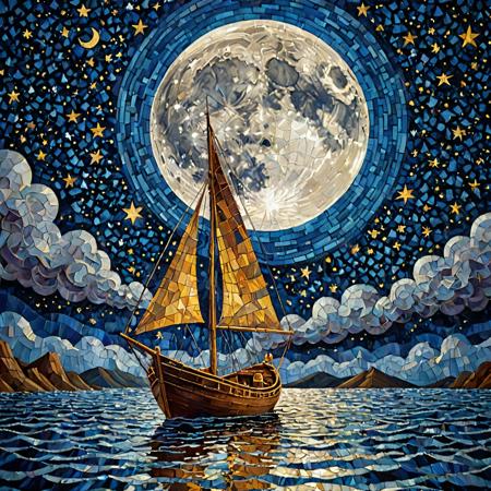 Illuminated ("The moon, a silver boat, sails through the sea of stars, painting dreams on the night sky.":1.2) , Suffering, hillside, Cubism, side lit, Selective focus, Kodachrome, gilded technique, Batik