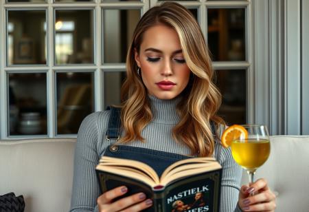 Scandinavian, tight unitard, cameltoe, lip bite, reading a book, holding a mimosa