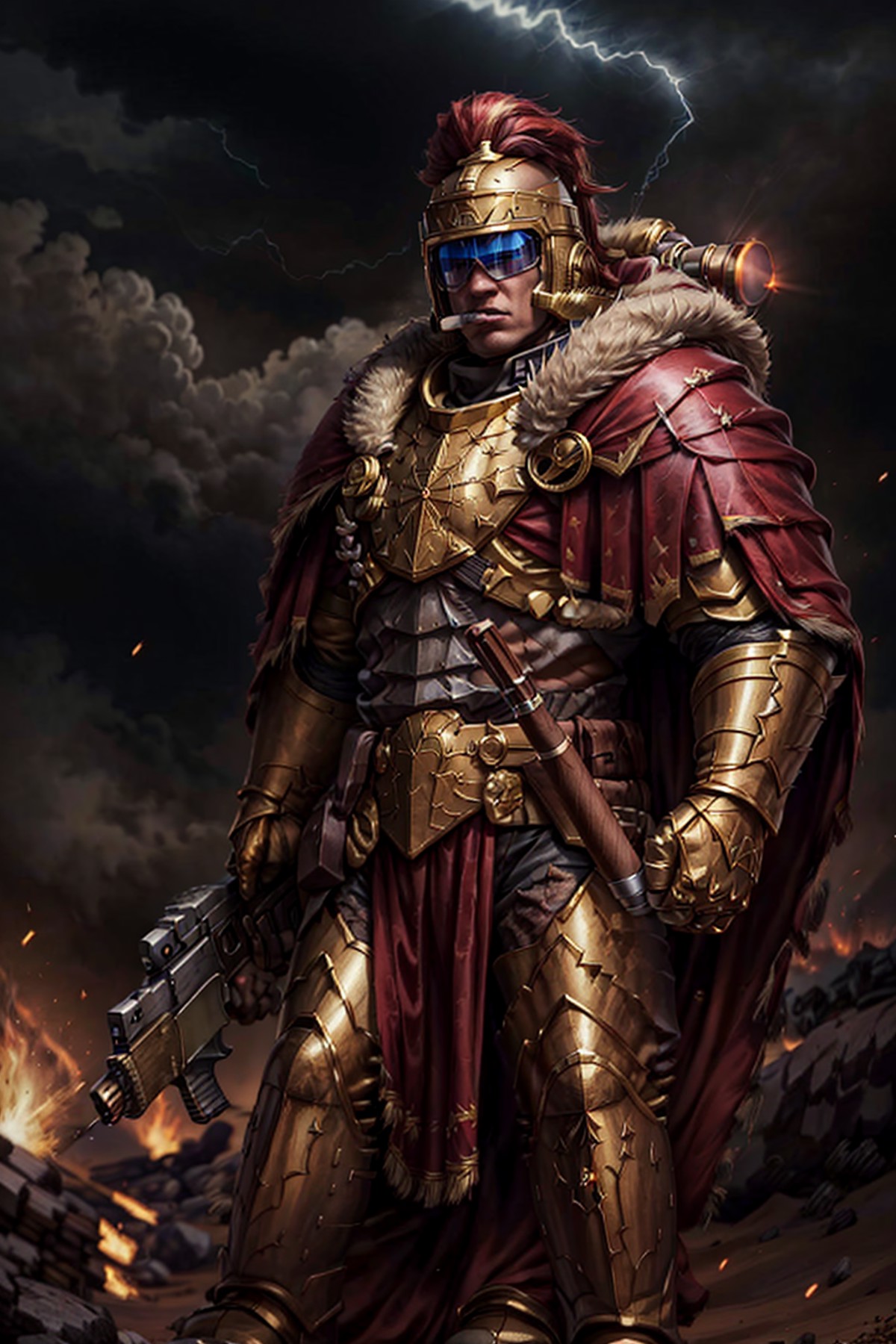 photo of josuke, wearing thunderwarrior armor, visor, smoking cigar, helmet visor,  full armor, gold armor, armor detail, ...