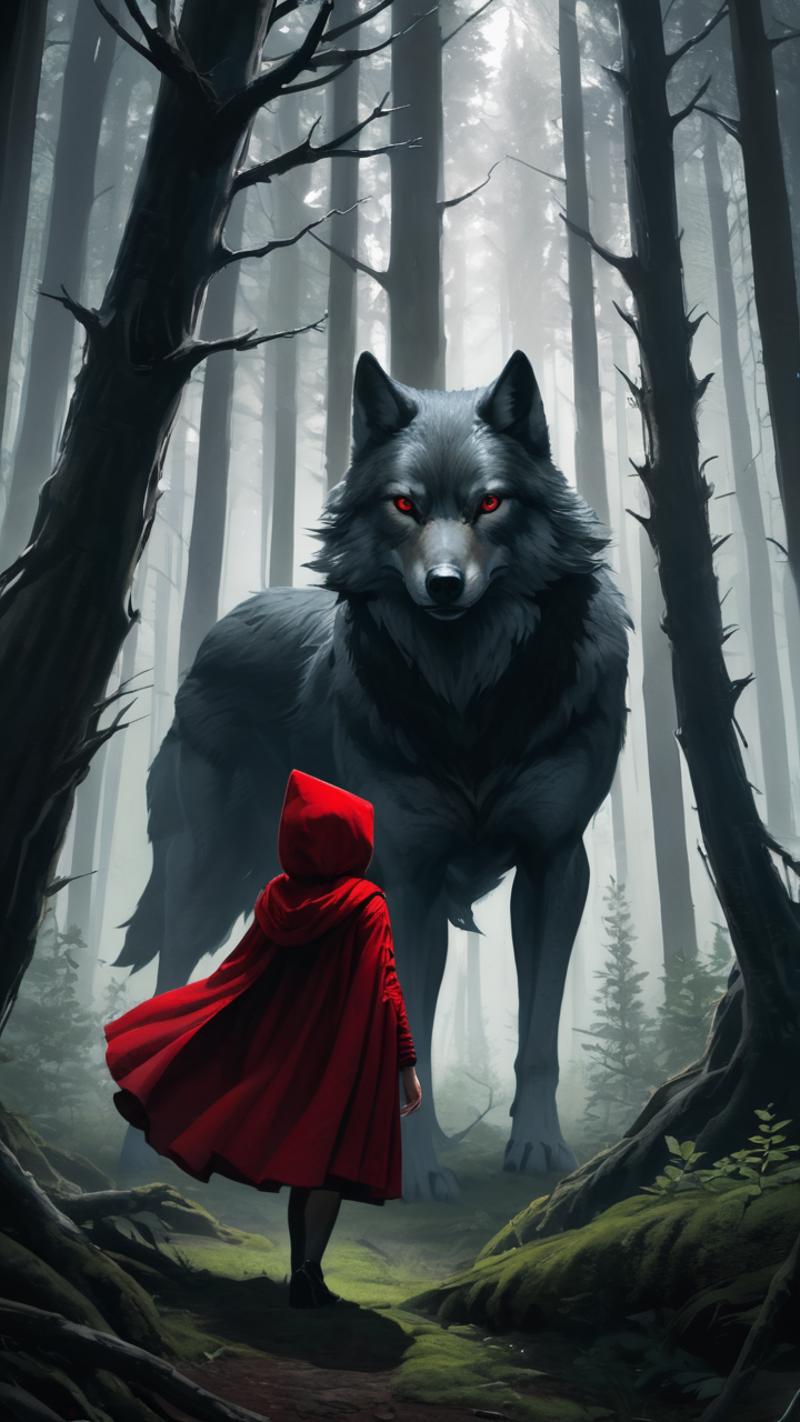 A little girl in a red cape standing in front of a large wolf.