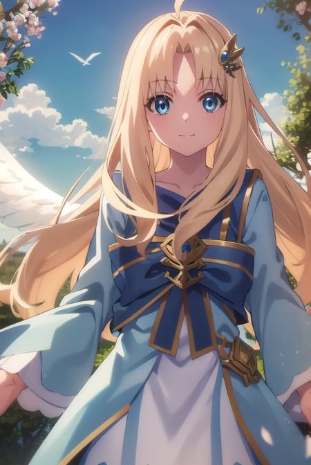 shieldfilo, <lora:shield filo s3-lora-nochekaiser:1>,
filo, long hair, bangs, blue eyes, blonde hair, hair ornament, ahoge, (parted bangs:1.5), hair intakes, smile,
BREAK long sleeves, dress, bow, wings, white dress, blue bow, feathered wings, white wings, bird wings,
BREAK outdoors, nature, forest, sun, sky, clouds, trees, grass, 
BREAK looking at viewer, (cowboy shot:1.5),
BREAK <lyco:GoodHands-beta2:1>, (masterpiece:1.2), best quality, high resolution, unity 8k wallpaper, (illustration:0.8), (beautiful detailed eyes:1.6), extremely detailed face, perfect lighting, extremely detailed CG, (perfect hands, perfect anatomy),