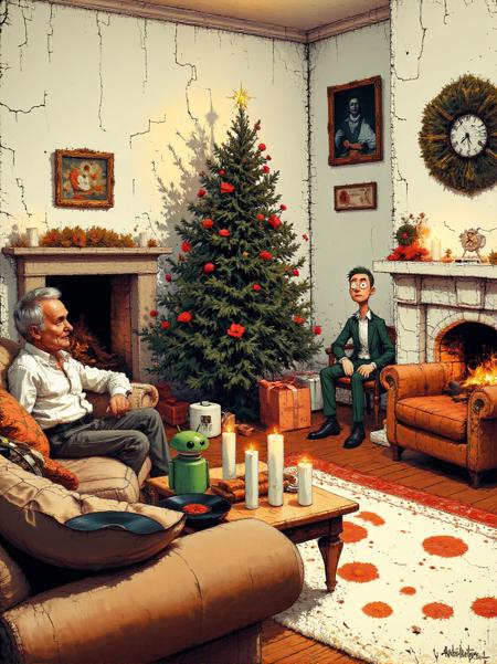 A Christmas Living Room with Ford Prefect, Arthur Dent and MArvin the PAranoid Android looking bemused