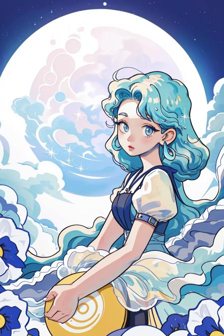 <lora:wedjigamja:1>,1girl, pale blue hair,yellow moon,